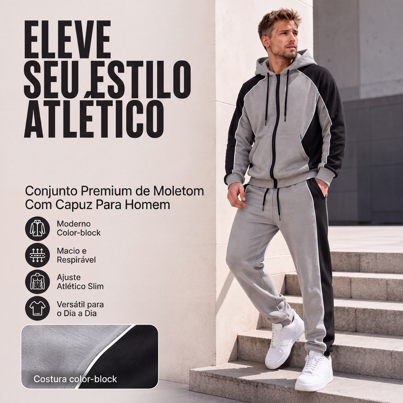 Conjunto de moletom com zíper e calça de moletom com blocos de cores para homem