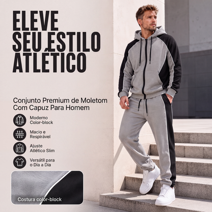 Conjunto de moletom com zíper e calça de moletom com blocos de cores para homem
