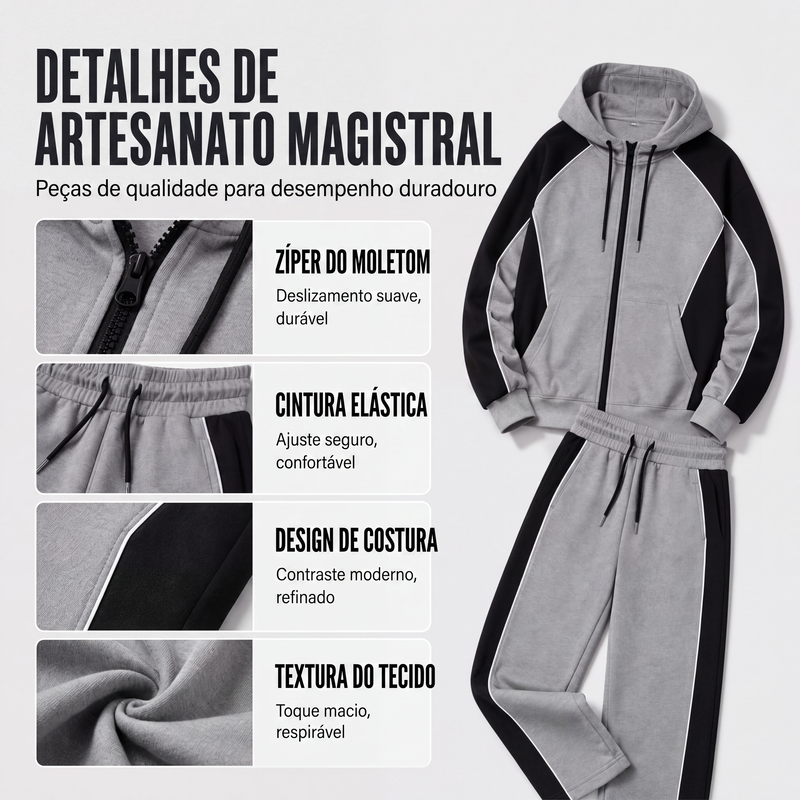 Conjunto de moletom com zíper e calça de moletom com blocos de cores para homem