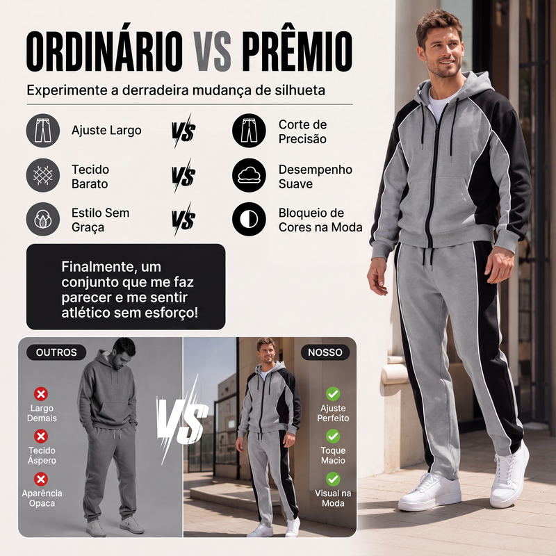 Conjunto de moletom com zíper e calça de moletom com blocos de cores para homem