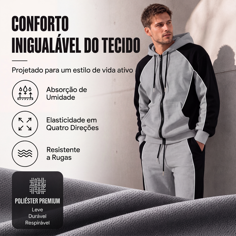 Conjunto de moletom com zíper e calça de moletom com blocos de cores para homem