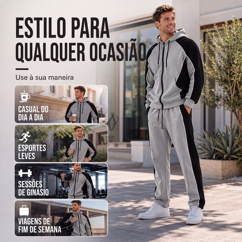 Conjunto de moletom com zíper e calça de moletom com blocos de cores para homem