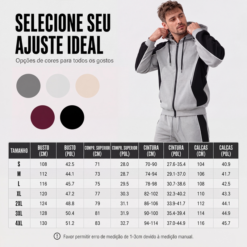Conjunto de moletom com zíper e calça de moletom com blocos de cores para homem