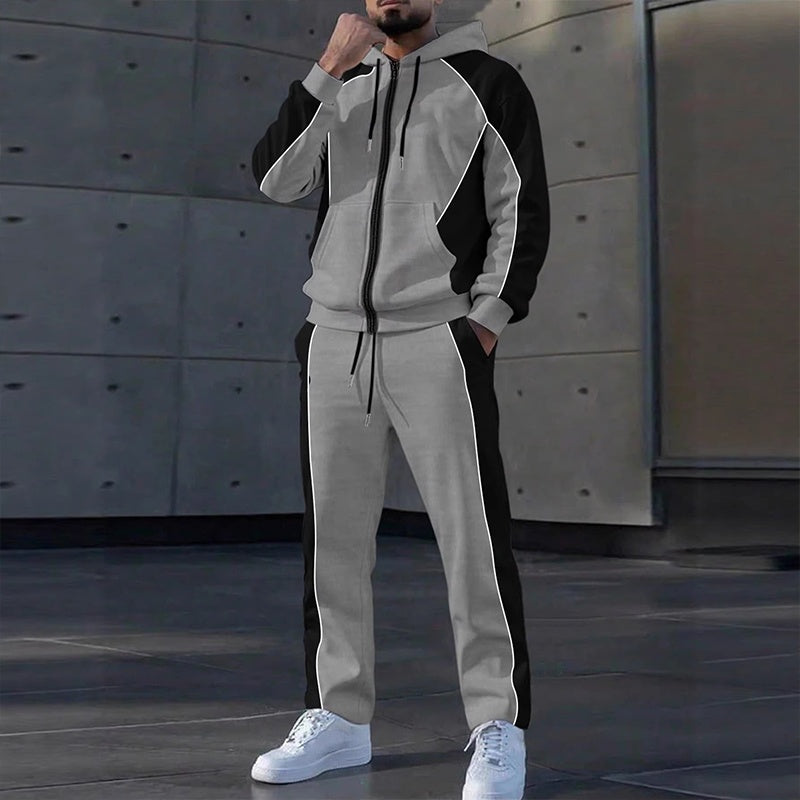 Conjunto de moletom com zíper e calça de moletom com blocos de cores para homem