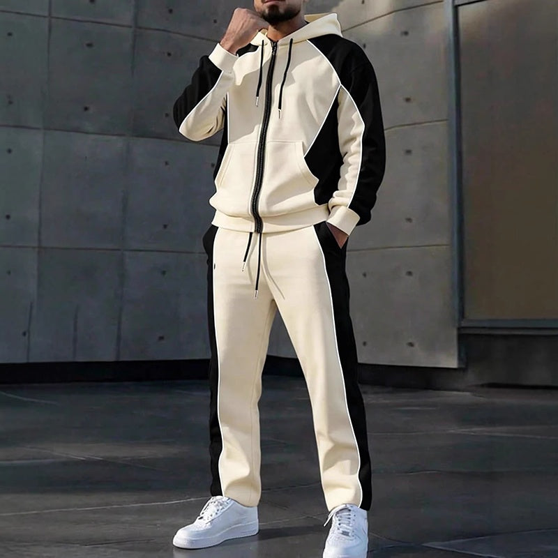 Conjunto de moletom com zíper e calça de moletom com blocos de cores para homem