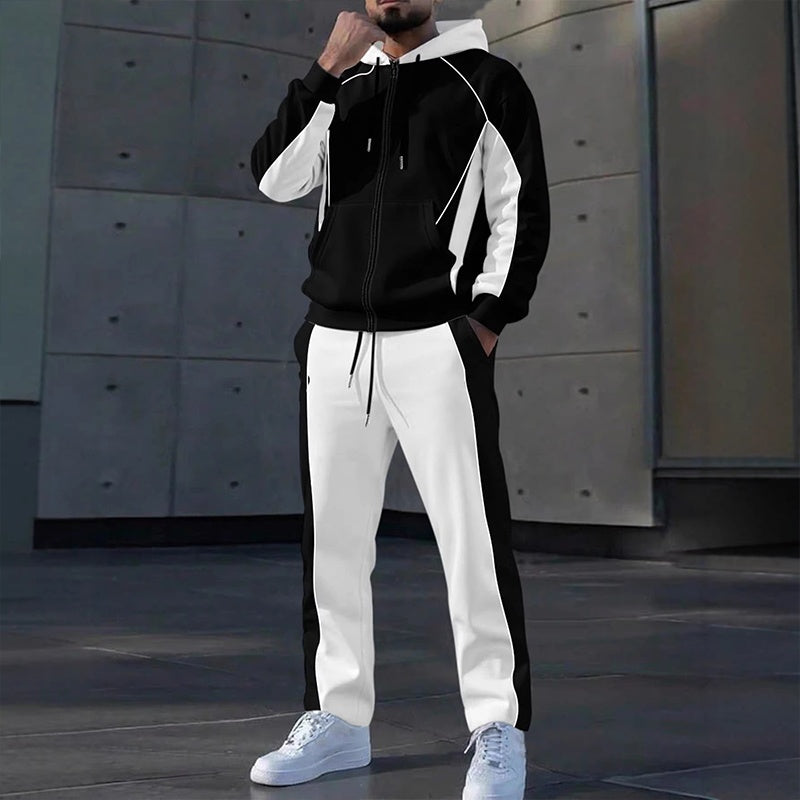 Conjunto de moletom com zíper e calça de moletom com blocos de cores para homem