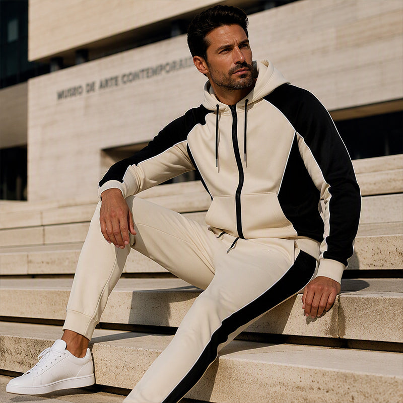 Conjunto de moletom com zíper e calça de moletom com blocos de cores para homem